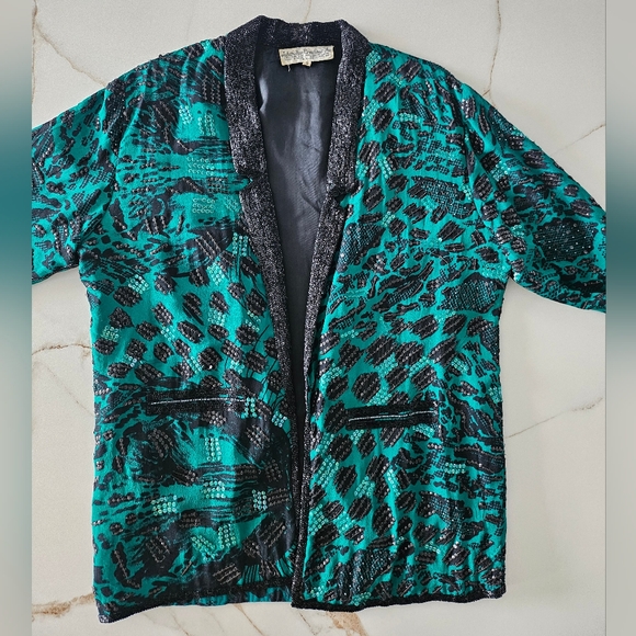 JUDITH ANN CREATIONS INC Beaded Sequin 100% Silk Evening/Opera Jacket Green Sz L - Picture 5 of 16